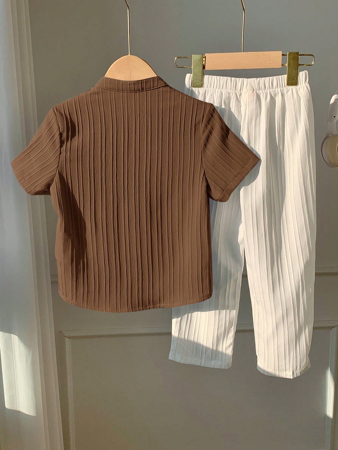 2pcs Boys Crinkle Cotton Stand Collar Shirt & Trousers - Latte