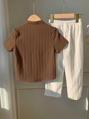 2pcs Boys Crinkle Cotton Stand Collar Shirt & Trousers - Latte