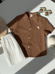 2pcs Boys Crinkle Cotton Stand Collar Shirt & Trousers - Latte