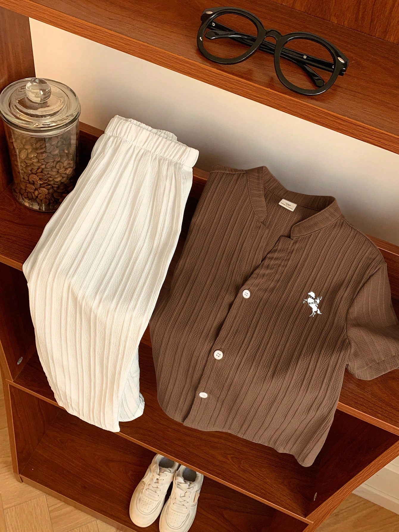 2pcs Boys Crinkle Cotton Stand Collar Shirt & Trousers - Latte