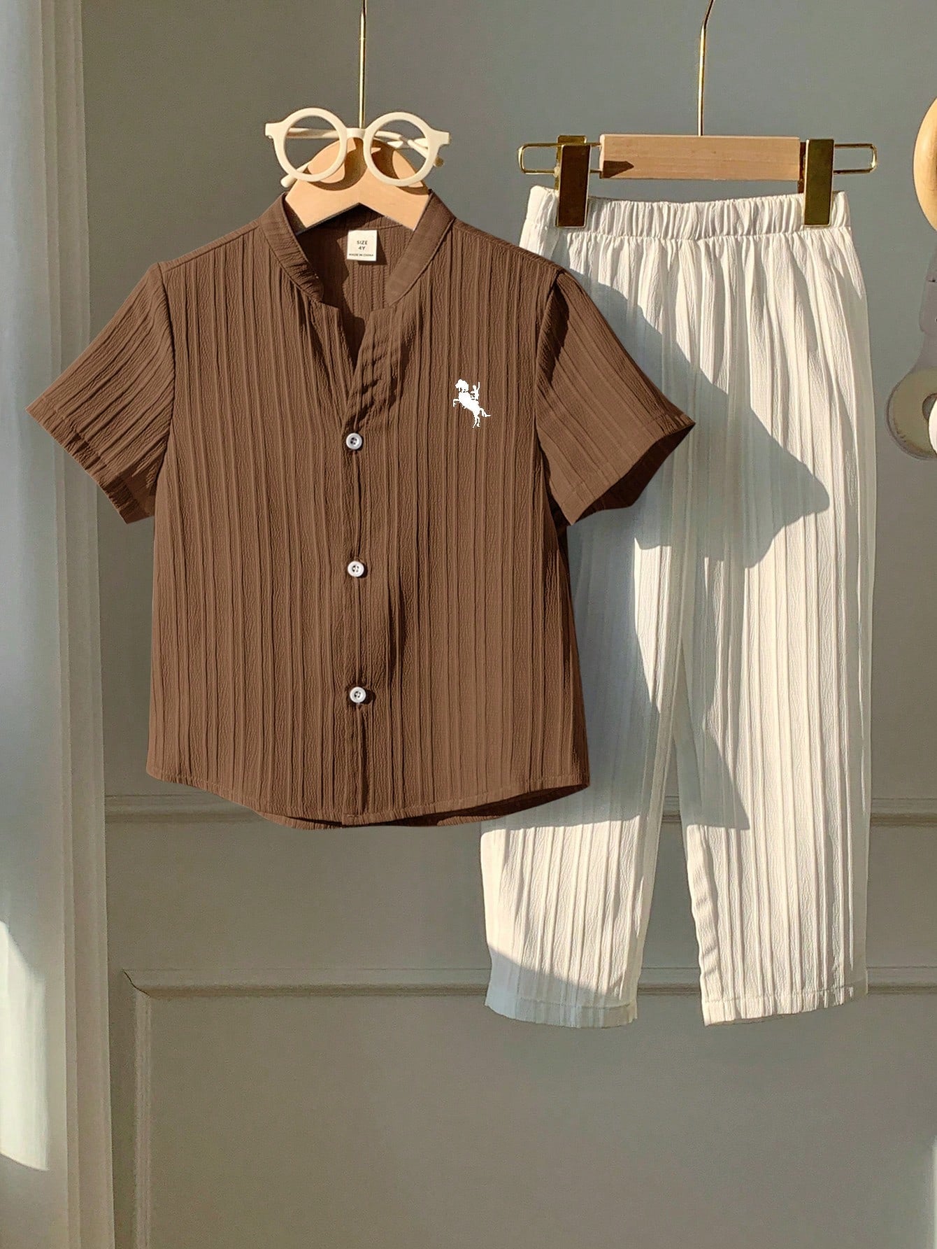 2pcs Boys Crinkle Cotton Stand Collar Shirt & Trousers - Latte