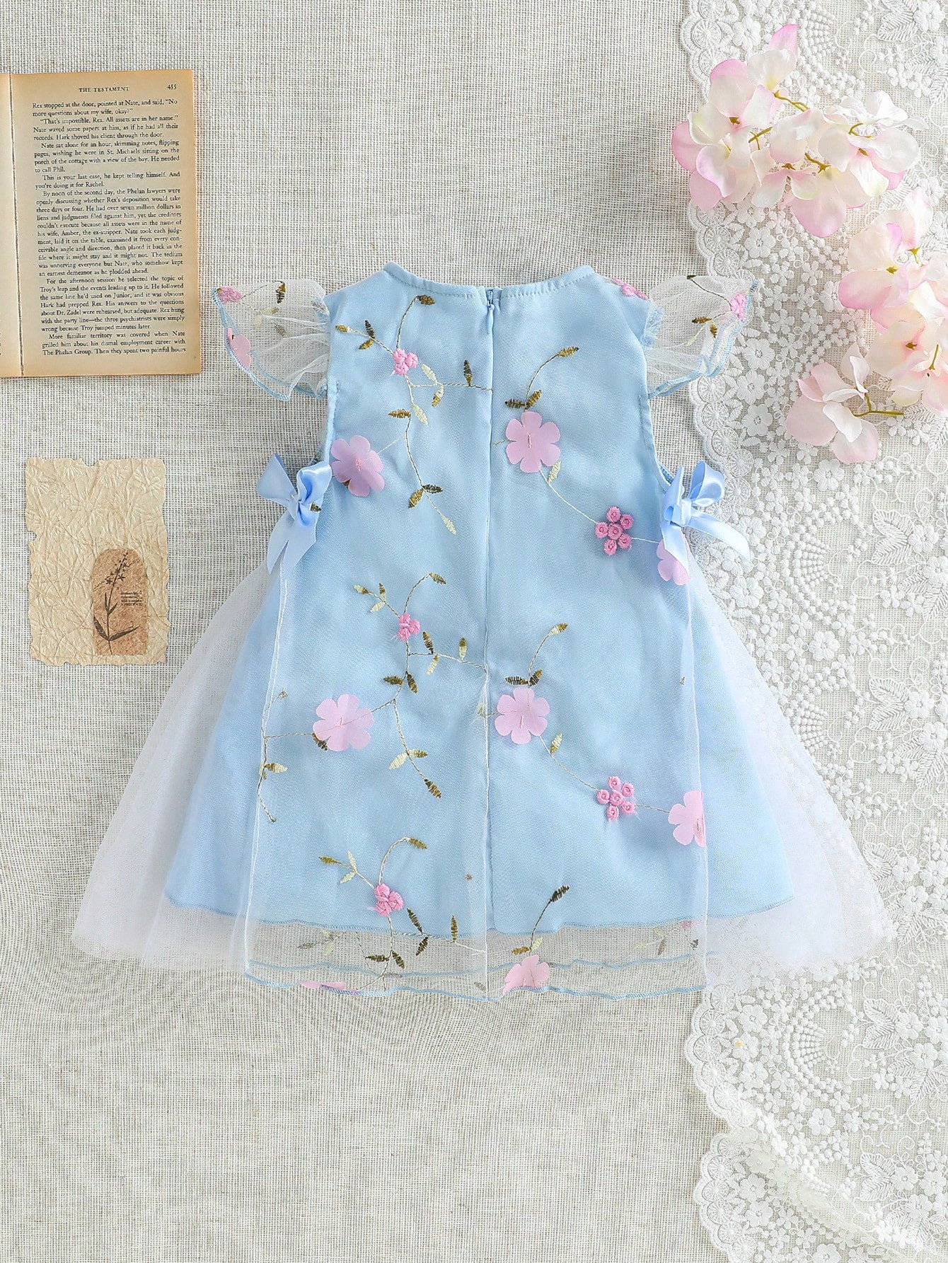 Girls Floral Embroidered Mesh Flutter Sleeve Dress - Powder Blue | ...