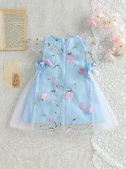 Girls Floral Embroidered Mesh Flutter Sleeve Dress - Powder Blue | ...