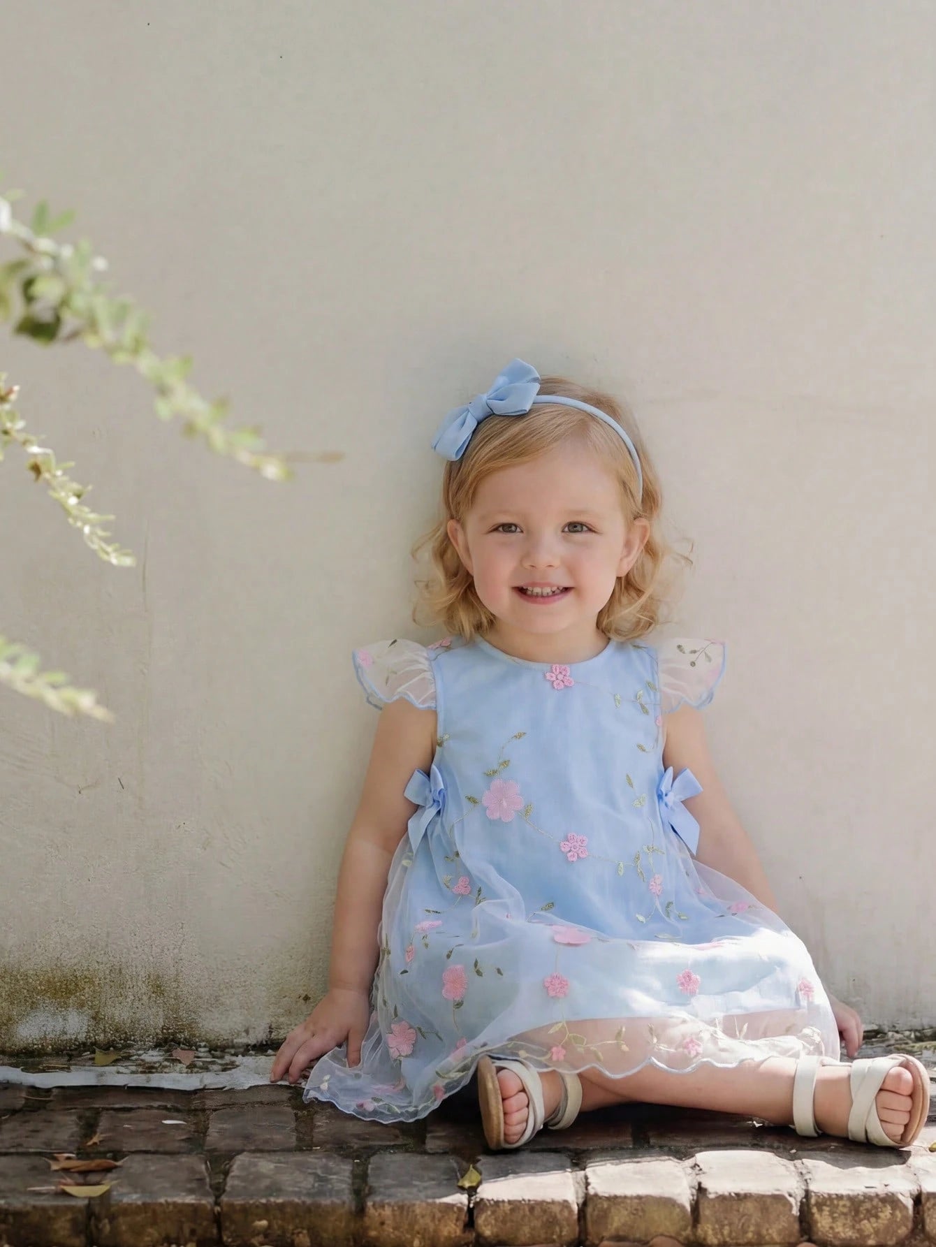 Girls Floral Embroidered Mesh Flutter Sleeve Dress - Powder Blue | ...