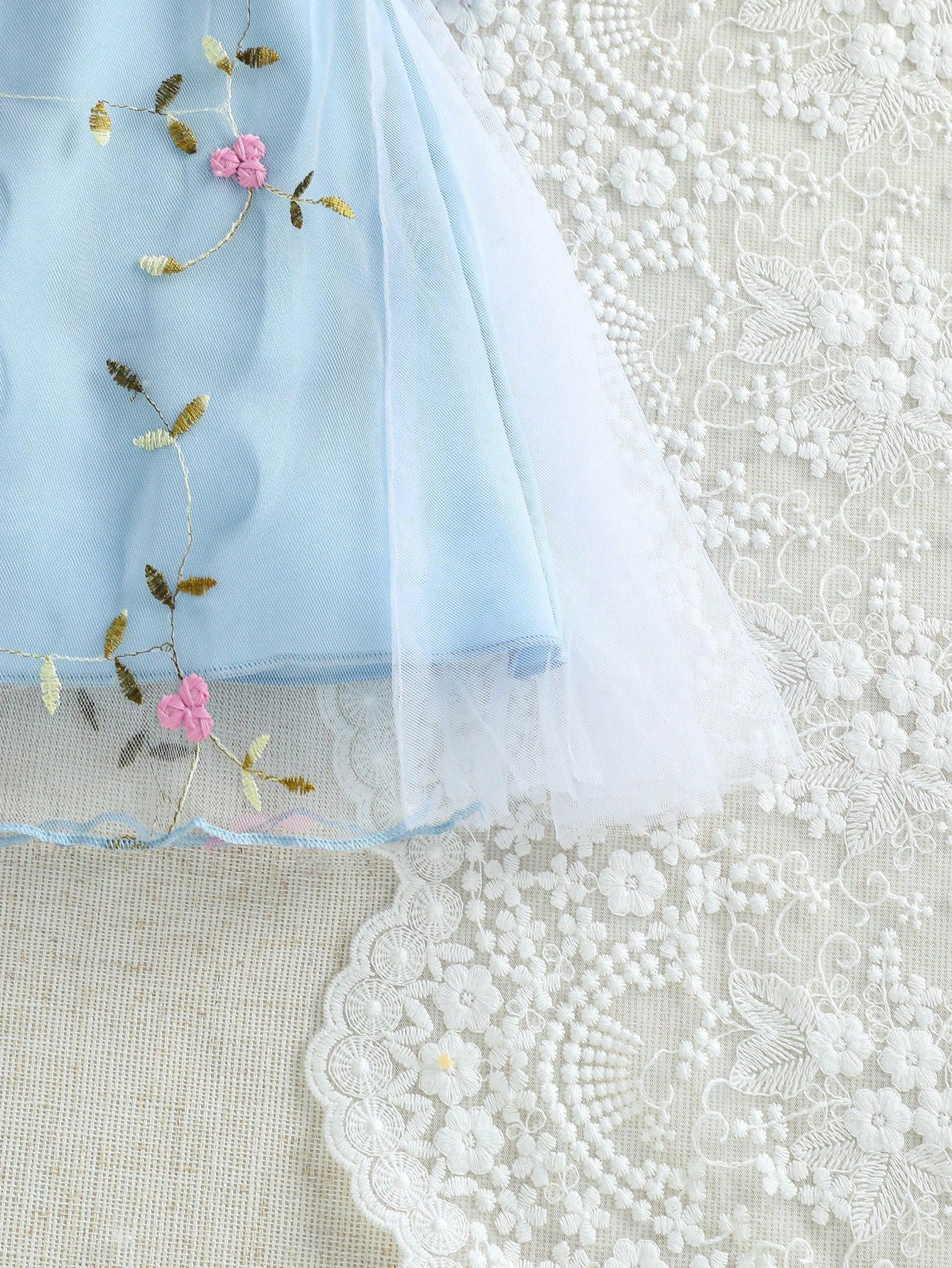 Girls Floral Embroidered Mesh Flutter Sleeve Dress - Powder Blue | ...