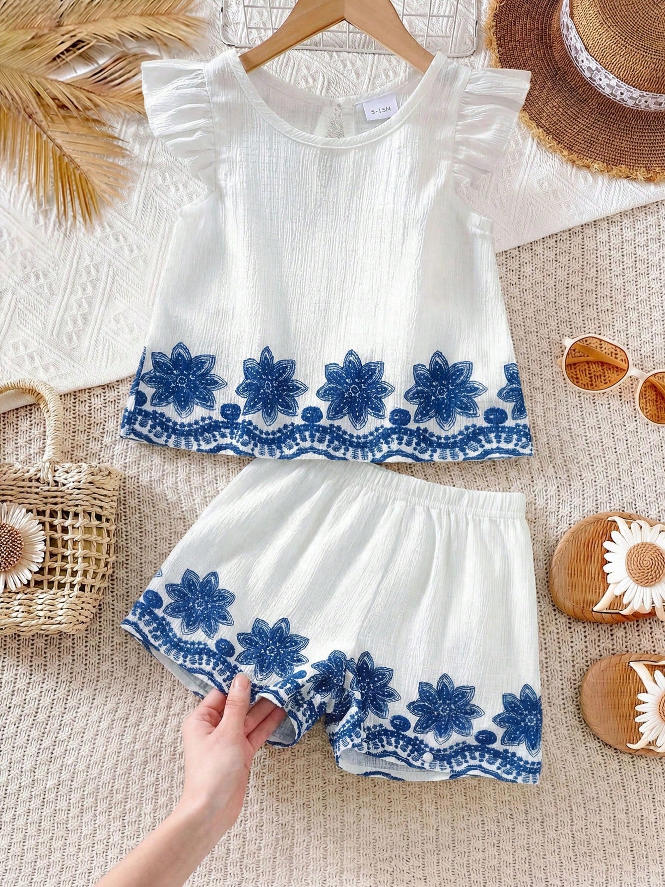 Little Girls Floral Embroidered Ruffle Linen Co-ord - Ivory