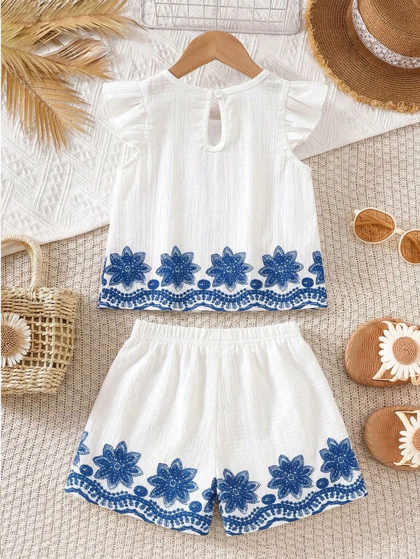Little Girls Floral Embroidered Ruffle Linen Co-ord - Ivory