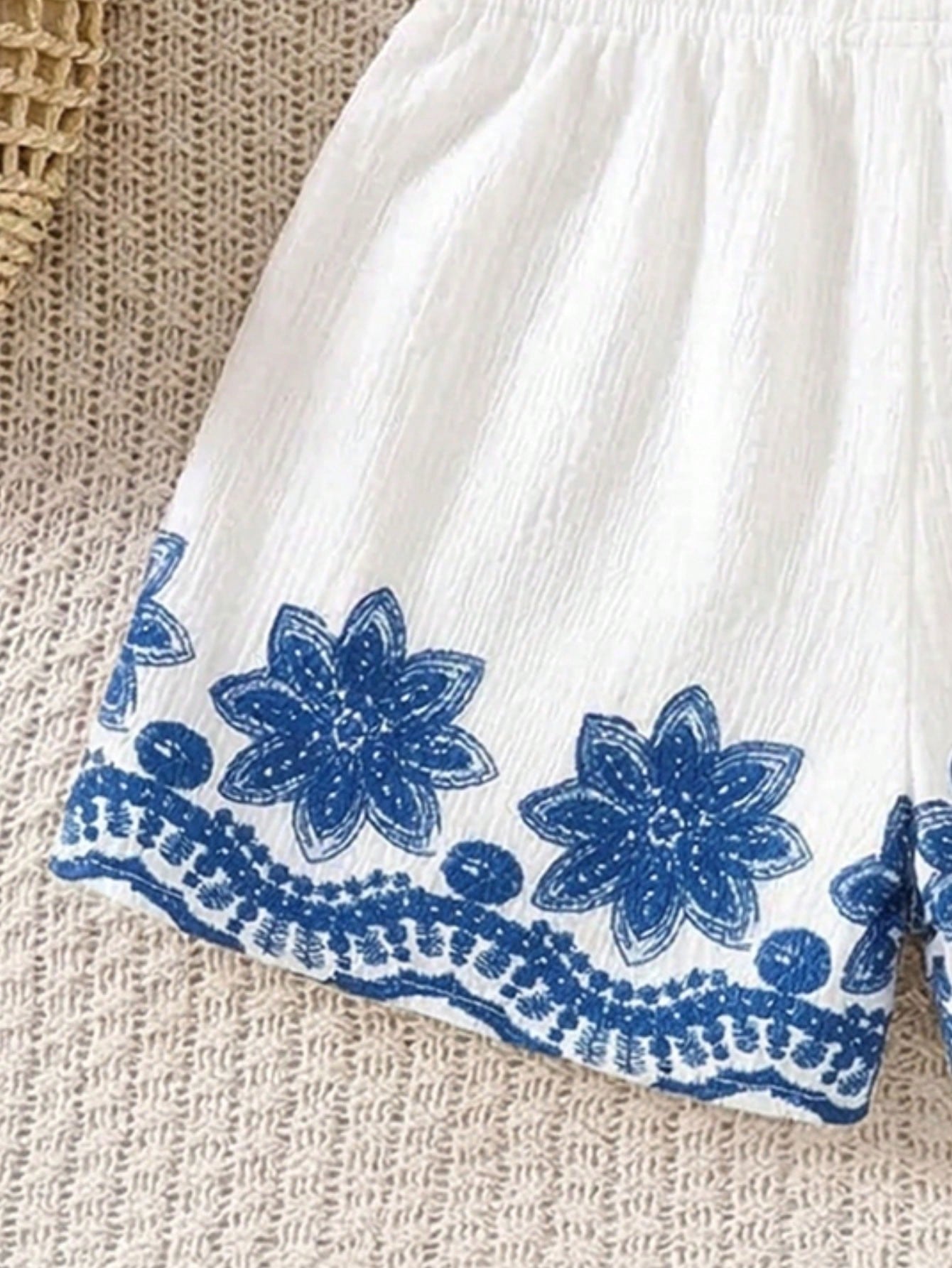 Little Girls Floral Embroidered Ruffle Linen Co-ord - Ivory