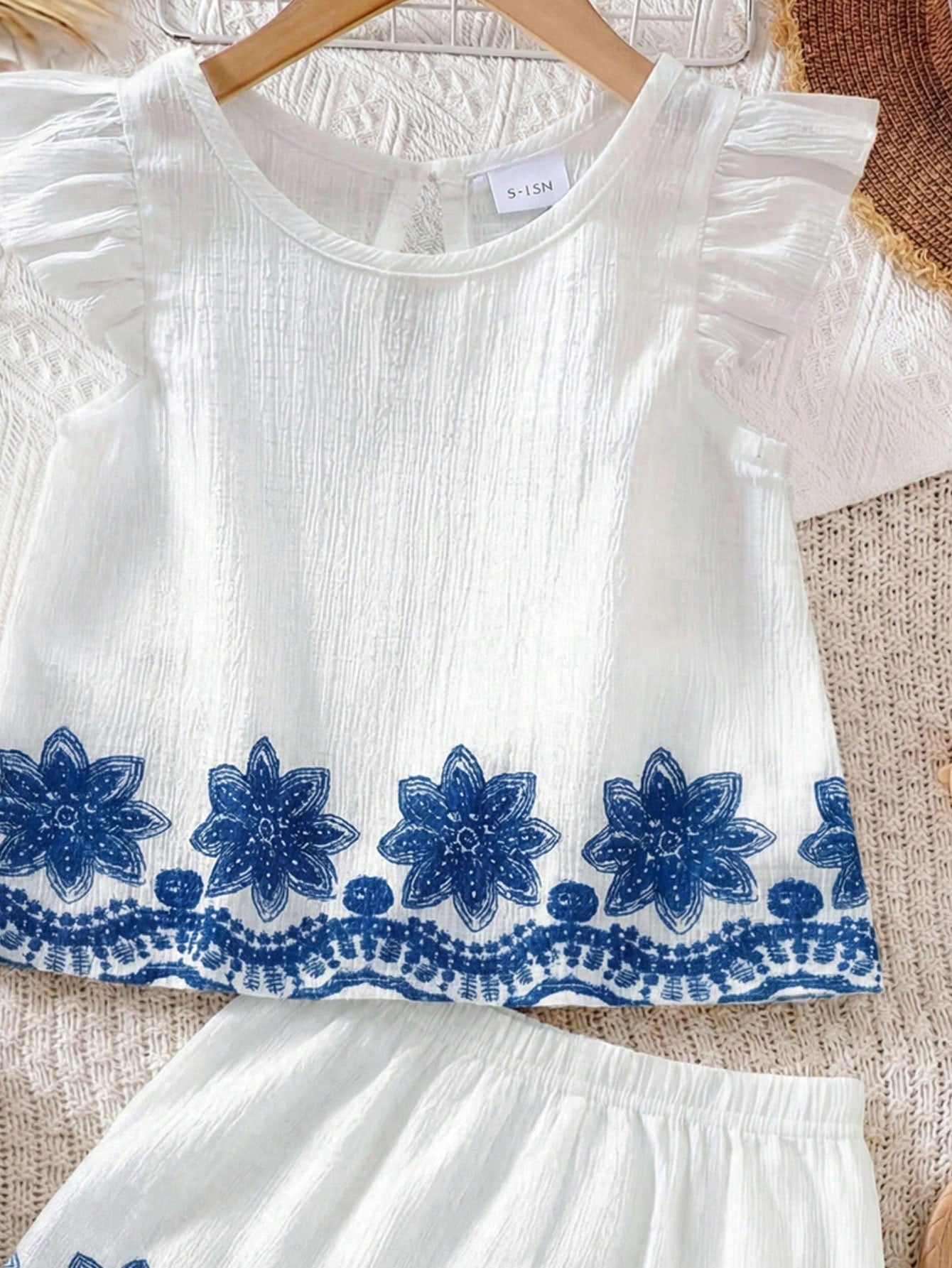 Little Girls Floral Embroidered Ruffle Linen Co-ord - Ivory