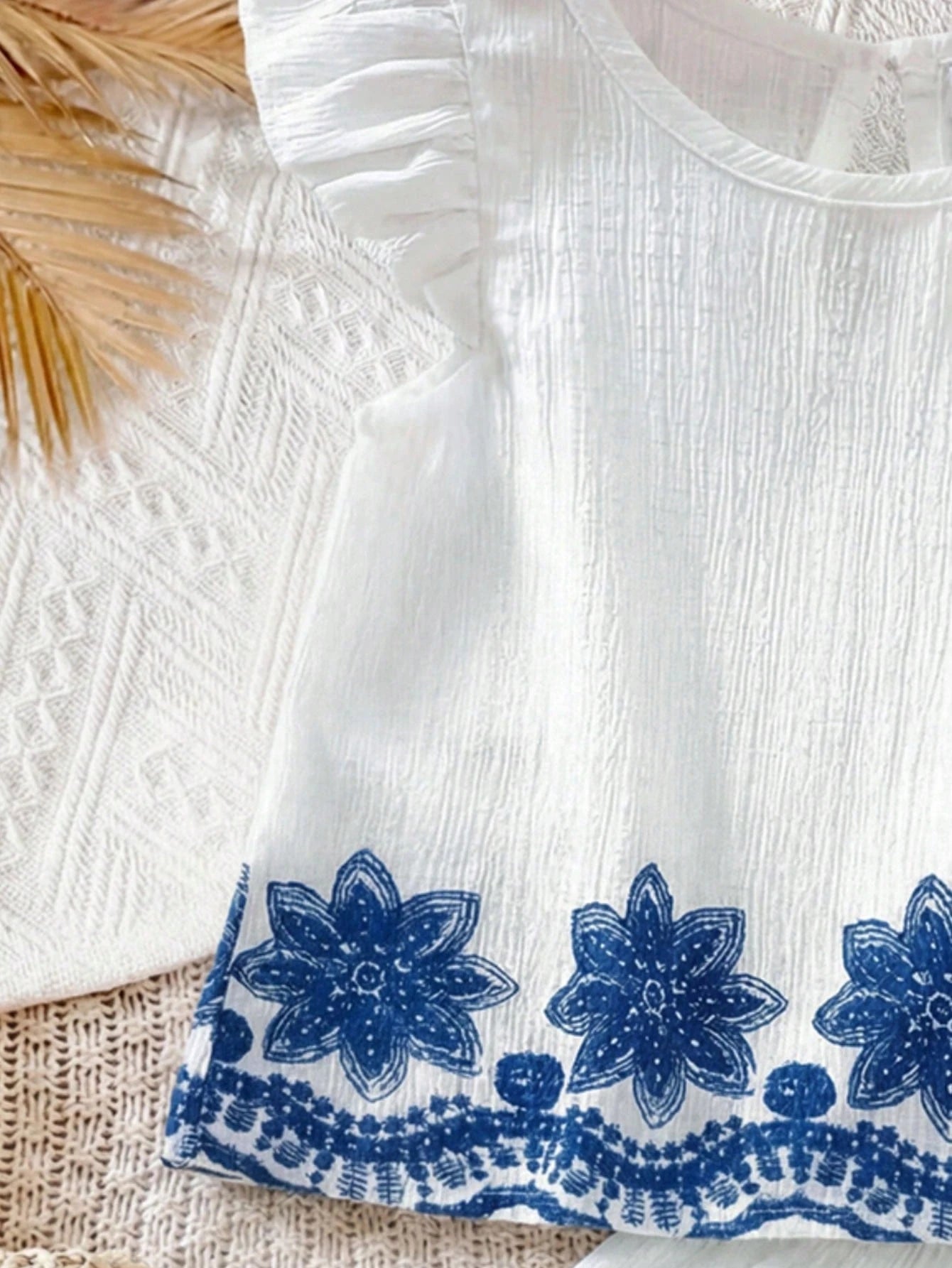 Little Girls Floral Embroidered Ruffle Linen Co-ord - Ivory