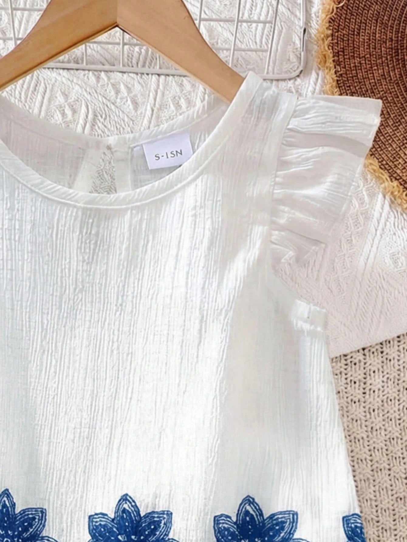 Little Girls Floral Embroidered Ruffle Linen Co-ord - Ivory