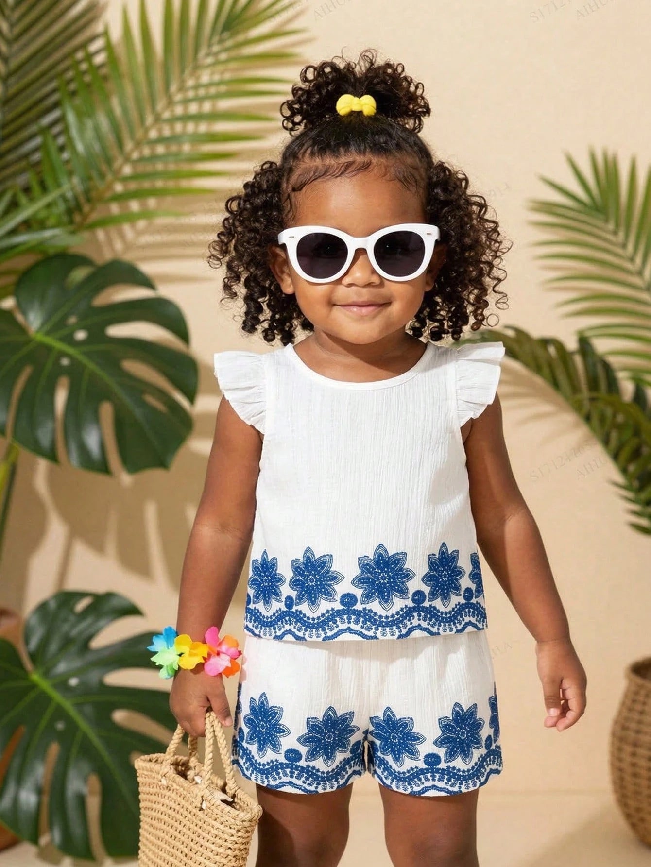 Little Girls Floral Embroidered Ruffle Linen Co-ord - Ivory