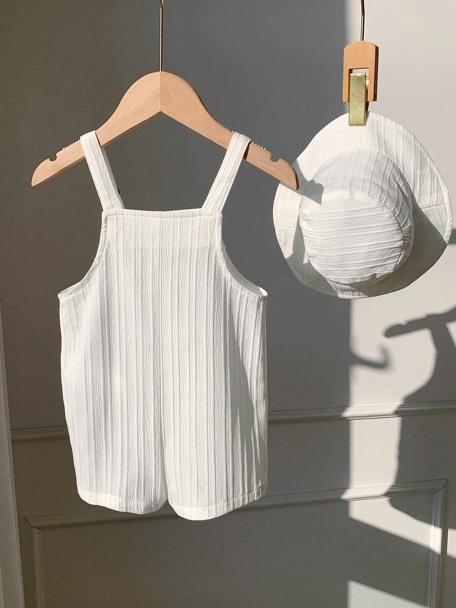 Boys Linen-Texture Bib Romper & Bucket Hat Set - Ivory