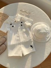 Boys Linen-Texture Bib Romper & Bucket Hat Set - Ivory