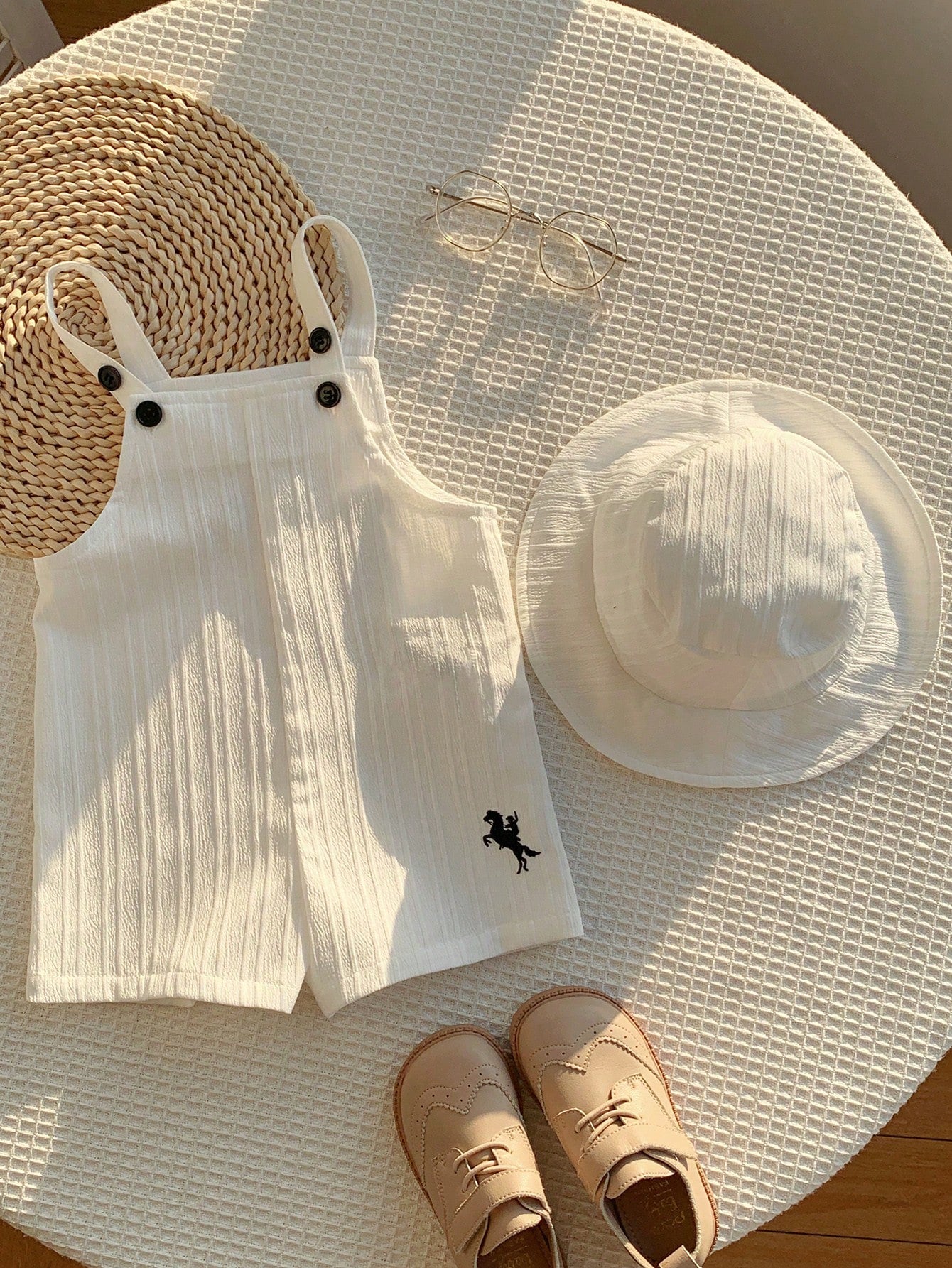 Boys Linen-Texture Bib Romper & Bucket Hat Set - Ivory