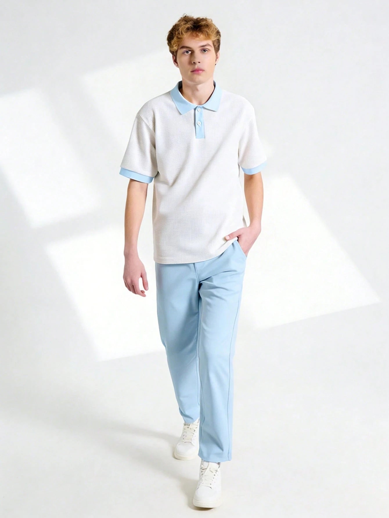 2pcs Boys Waffle Polo Shirt & Tailored Trousers Set - Ivory | 21 Ce...