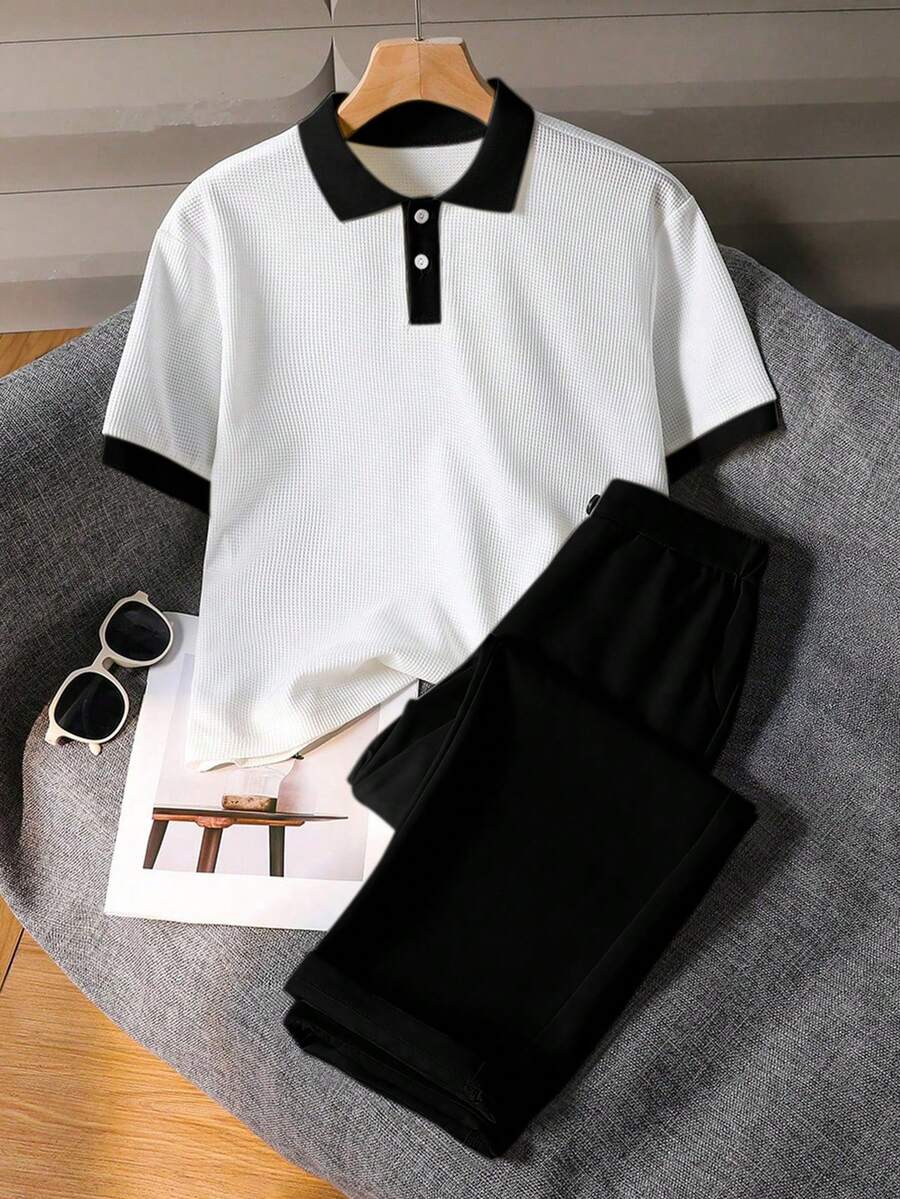 2pcs Boys Waffle Polo Shirt & Tailored Trousers Set - Ivory | 21 Ce...