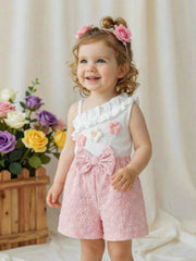 Baby Girls 3D Floral Ruffle Asymmetric Romper - Blush