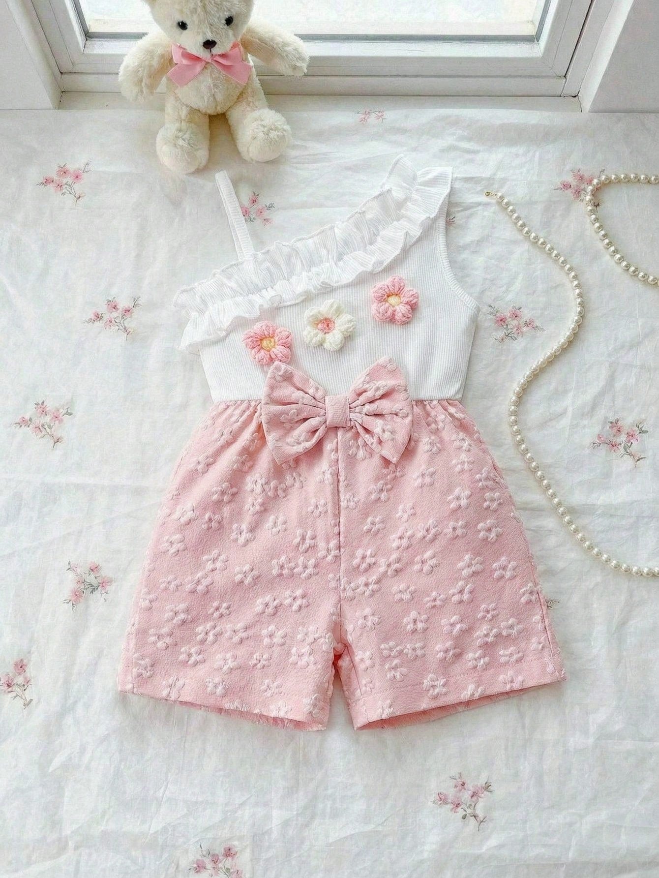 Baby Girls 3D Floral Ruffle Asymmetric Romper - Blush