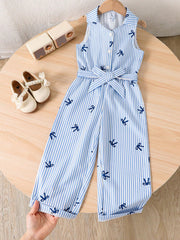 Girls Bow Print Striped Belted Wide-Leg Jumpsuit - Cerulean