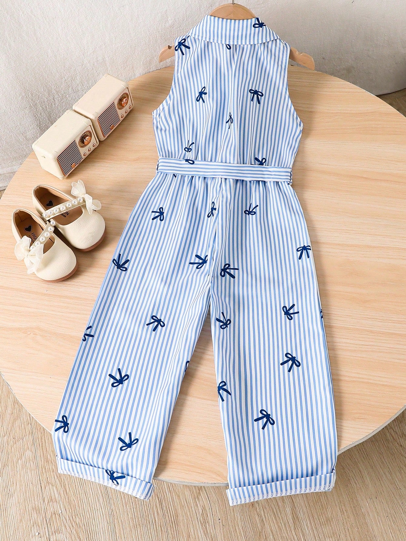 Girls Bow Print Striped Belted Wide-Leg Jumpsuit - Cerulean