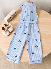 Girls Bow Print Striped Belted Wide-Leg Jumpsuit - Cerulean