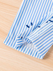 Girls Bow Print Striped Belted Wide-Leg Jumpsuit - Cerulean