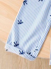Girls Bow Print Striped Belted Wide-Leg Jumpsuit - Cerulean