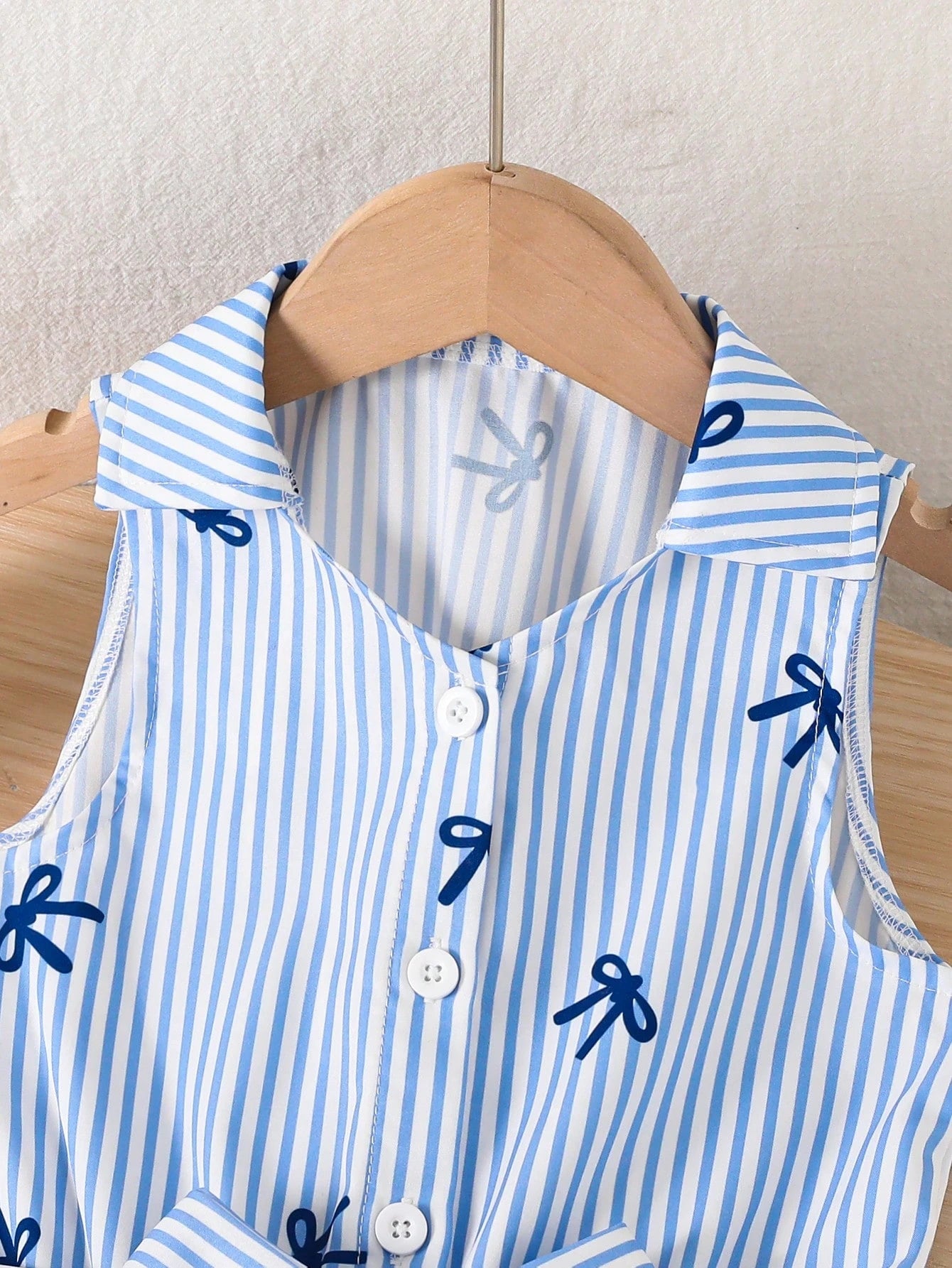 Girls Bow Print Striped Belted Wide-Leg Jumpsuit - Cerulean