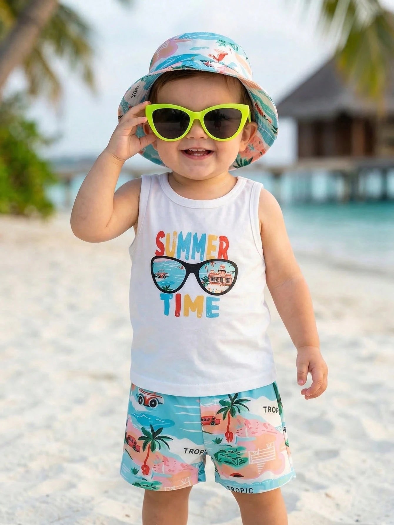 3pcs Boys Summer Time Graphic Tank Top & Tropical Shorts Set - Ivor...