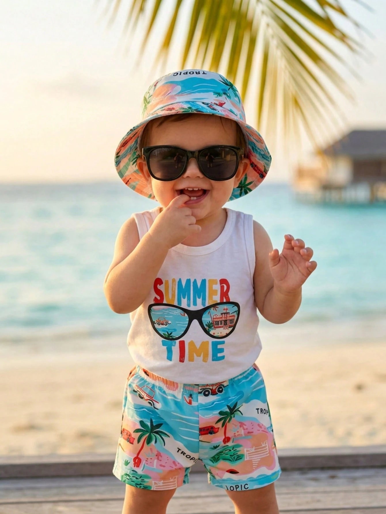3pcs Boys Summer Time Graphic Tank Top & Tropical Shorts Set - Ivor...