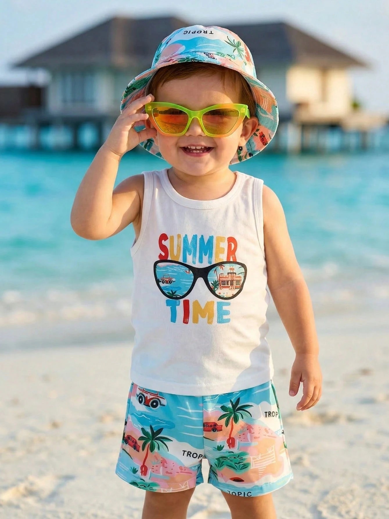 3pcs Boys Summer Time Graphic Tank Top & Tropical Shorts Set - Ivor...