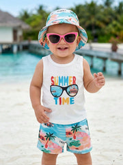 3pcs Boys Summer Time Graphic Tank Top & Tropical Shorts Set - Ivor...