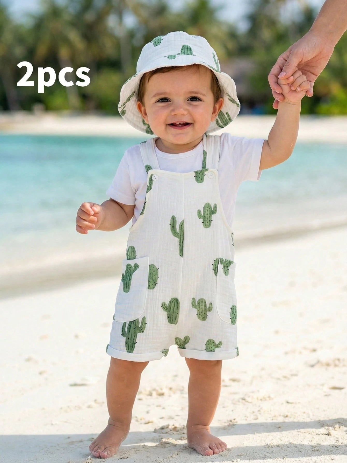 2pcs Boys Cactus Print Muslin Dungaree & Bucket Hat Set - Ivory | 2...