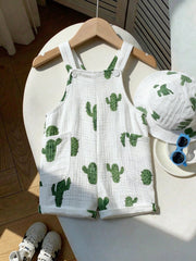 2pcs Boys Cactus Print Muslin Dungaree & Bucket Hat Set - Ivory | 2...