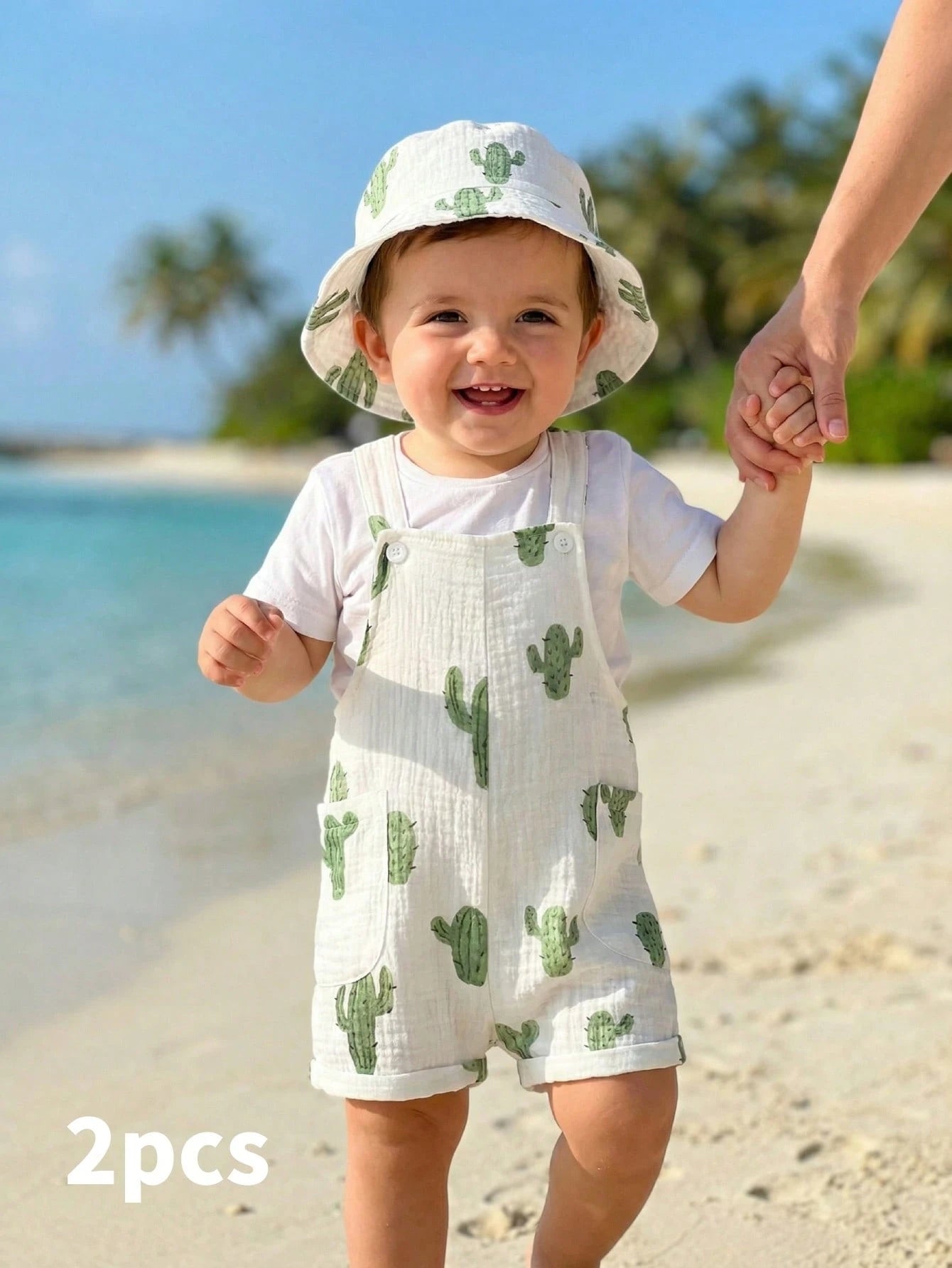 2pcs Boys Cactus Print Muslin Dungaree & Bucket Hat Set - Ivory | 2...