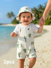 2pcs Boys Cactus Print Muslin Dungaree & Bucket Hat Set - Ivory | 2...