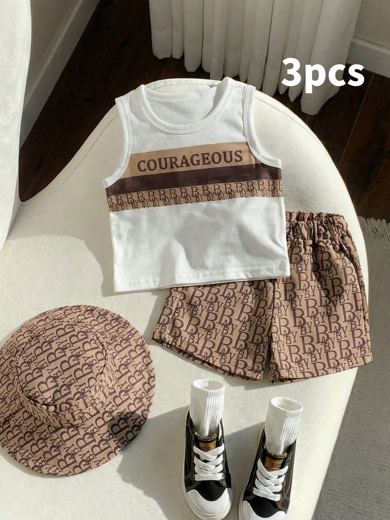 3pcs Boys Courageous Graphic Vest, Shorts & Bucket Hat Set - Latte ...