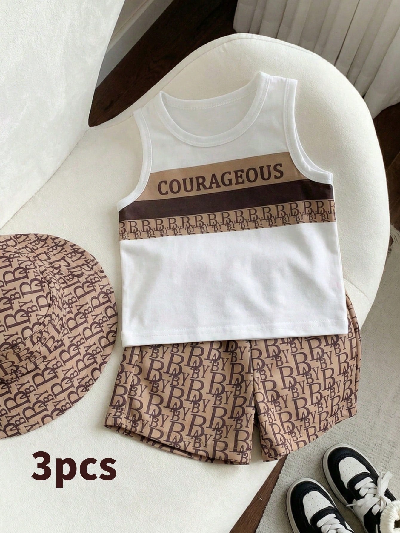 3pcs Boys Courageous Graphic Vest, Shorts & Bucket Hat Set - Latte ...