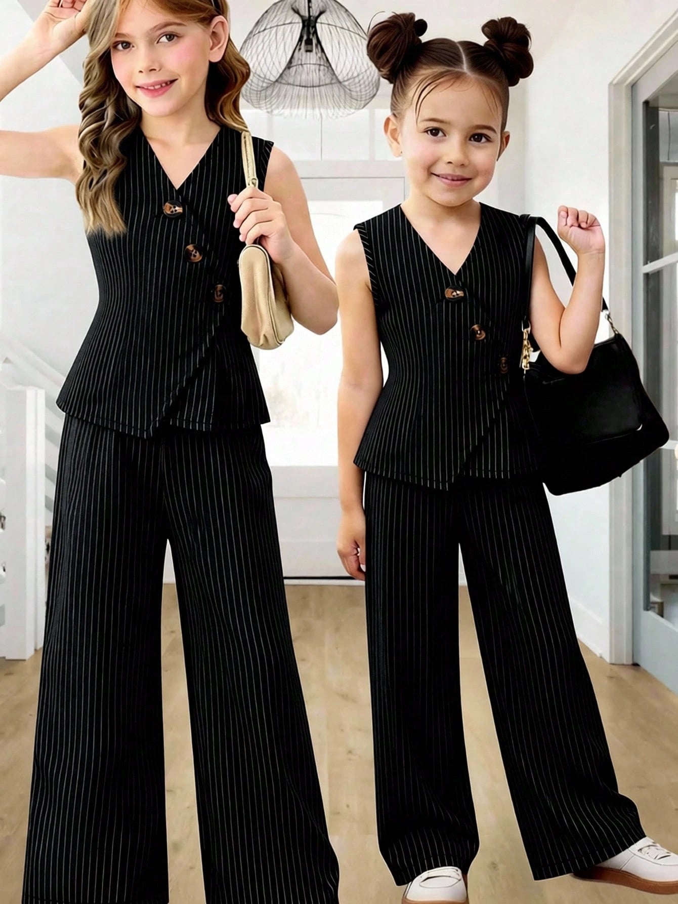 Little Girls Pinstripe V-Neck Vest & Wide-Leg Pants Set - Onyx