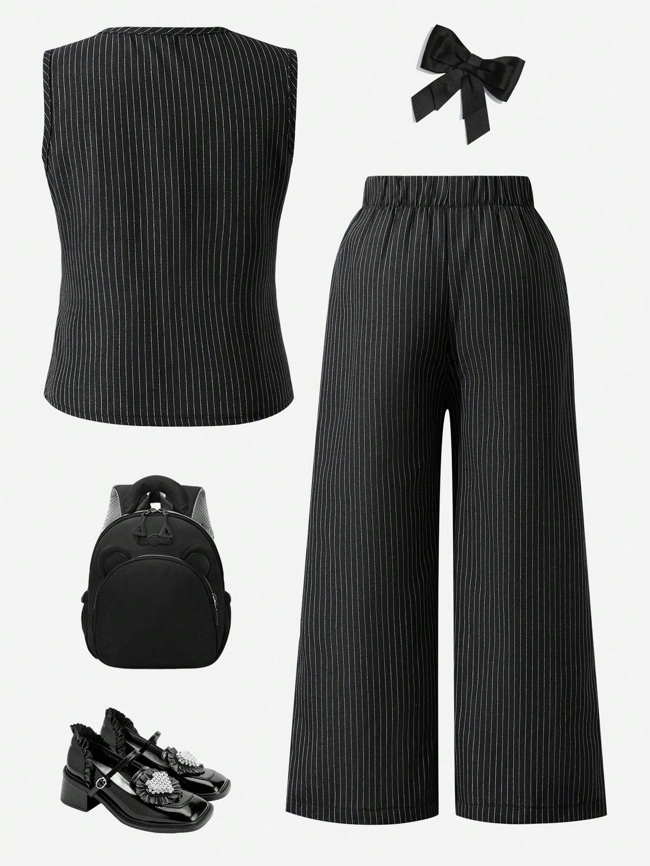 Little Girls Pinstripe V-Neck Vest & Wide-Leg Pants Set - Onyx