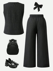 Little Girls Pinstripe V-Neck Vest & Wide-Leg Pants Set - Onyx
