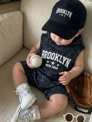 Boys Brooklyn Print Sleeveless Hooded Romper - Onyx