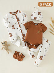 5pcs Baby Boys Bear & Bee Print Footed Sleepsuit Set - Isabelline |...