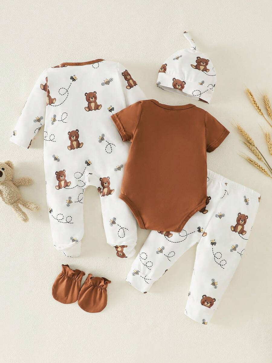 5pcs Baby Boys Bear & Bee Print Footed Sleepsuit Set - Isabelline |...