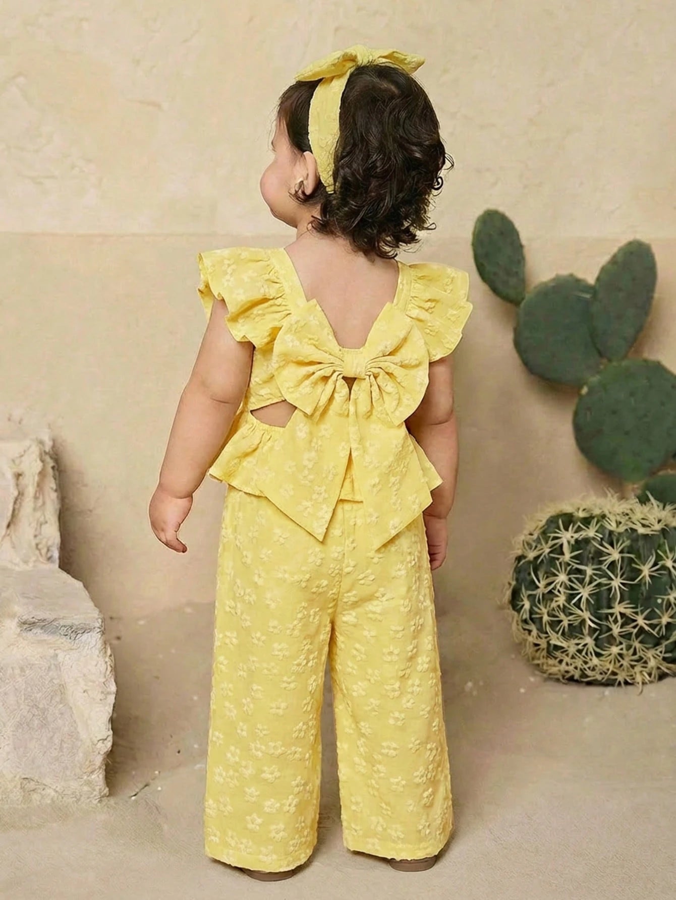 2pcs Girls Floral Jacquard Bow-Back Peplum Top & Wide-Leg Trousers ...