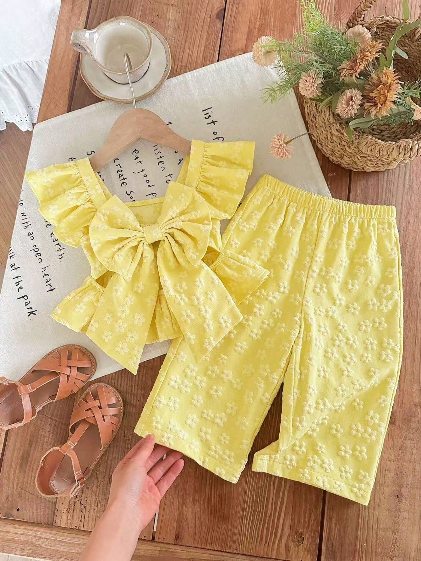2pcs Girls Floral Jacquard Bow-Back Peplum Top & Wide-Leg Trousers ...