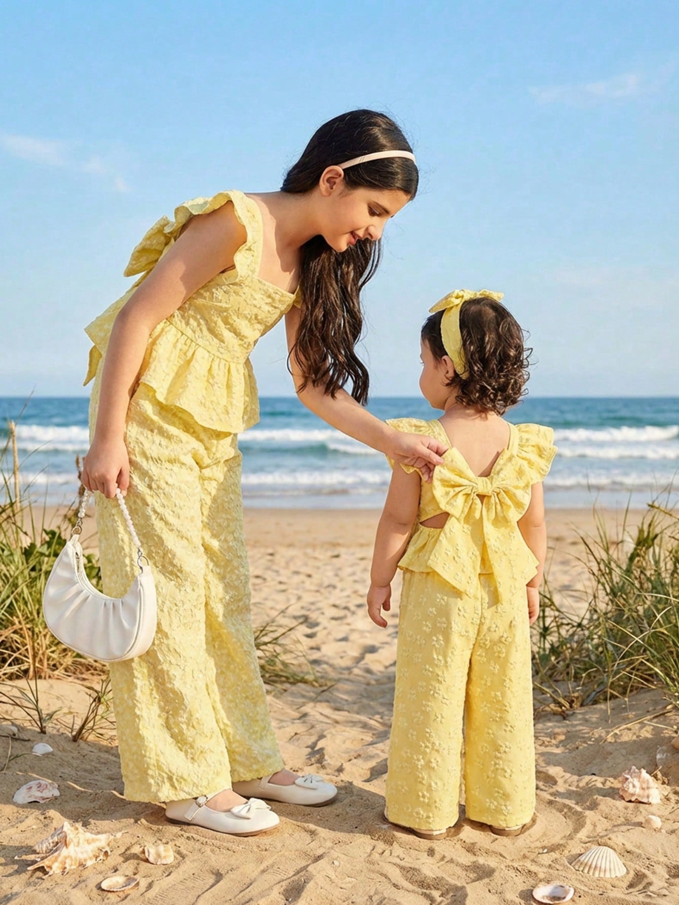 2pcs Girls Floral Jacquard Bow-Back Peplum Top & Wide-Leg Trousers ...