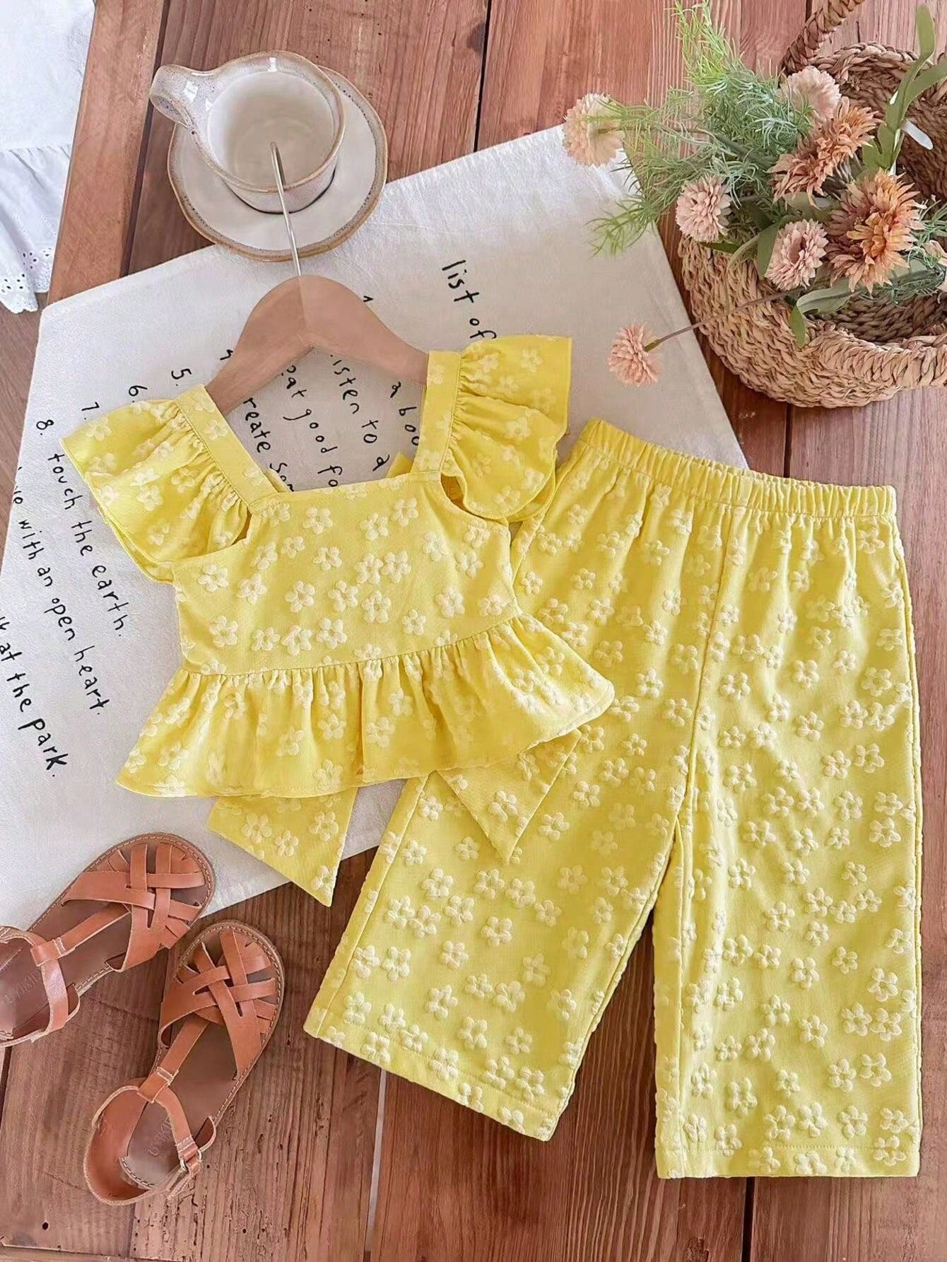 2pcs Girls Floral Jacquard Bow-Back Peplum Top & Wide-Leg Trousers ...