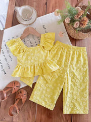 2pcs Girls Floral Jacquard Bow-Back Peplum Top & Wide-Leg Trousers ...